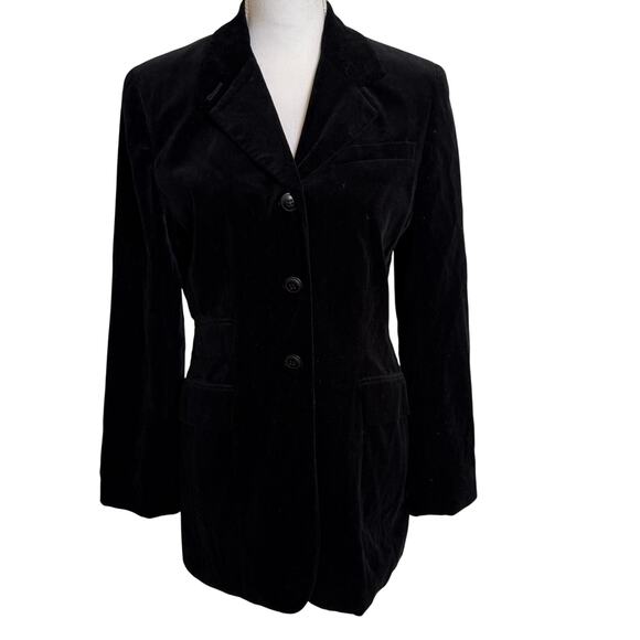 Vintage Ann Taylor Velvet Blazer Size 6 Black Three Button Lined Long Academia - Picture 1 of 11